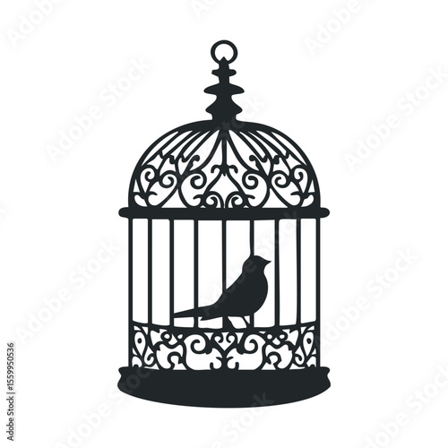 Vintage ornate birdcage with bird silhouette on white background.