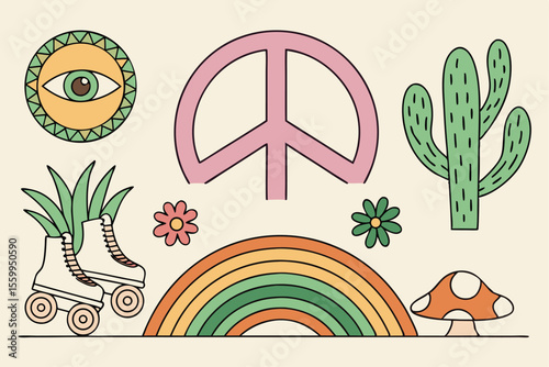 Groovy 70s Peace Sign, Blooming Flowers, and Eye Amulet Roller Skate Illustration