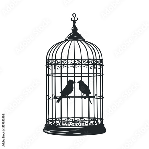 Silhouette of two birds in an ornate cage - elegant minimalist design.