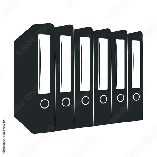 Black office binders in a row on white background.