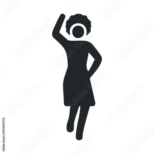 Silhouette of a joyful female dancer with curly hair raising an arm in celebration.