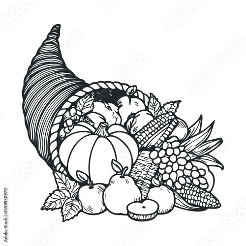 Cornucopia filled with harvest fruits and vegetables in black and white line art.