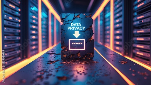 A futuristic data privacy concept with a cracked stone featuring a password box, illuminated in neon blue and pink lights in a server room