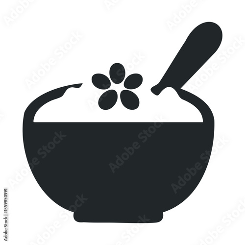 Black and white icon of yogurt bowl with spoon and berries.