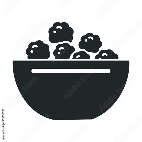 Simple black silhouette of popcorn bowl for snack and movie night design.