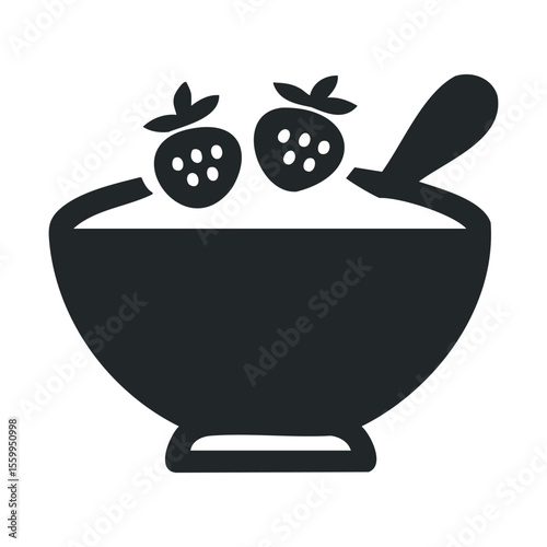 Black and white icon of a strawberry yogurt bowl with spoon.
