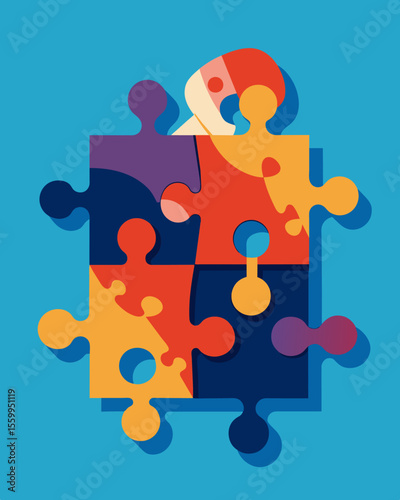 A puzzle with mismatched pieces forming a chain reflecting the confusion and disorder of thoughts.. Vector illustration