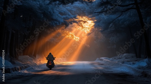 Fototapeta Naklejka Na Ścianę i Meble -  Solitary Motorcycle Ride in Snowy Forest: A lone motorcyclist rides towards a radiant sunset through a snow-covered forest road, the sun's rays piercing through the trees.