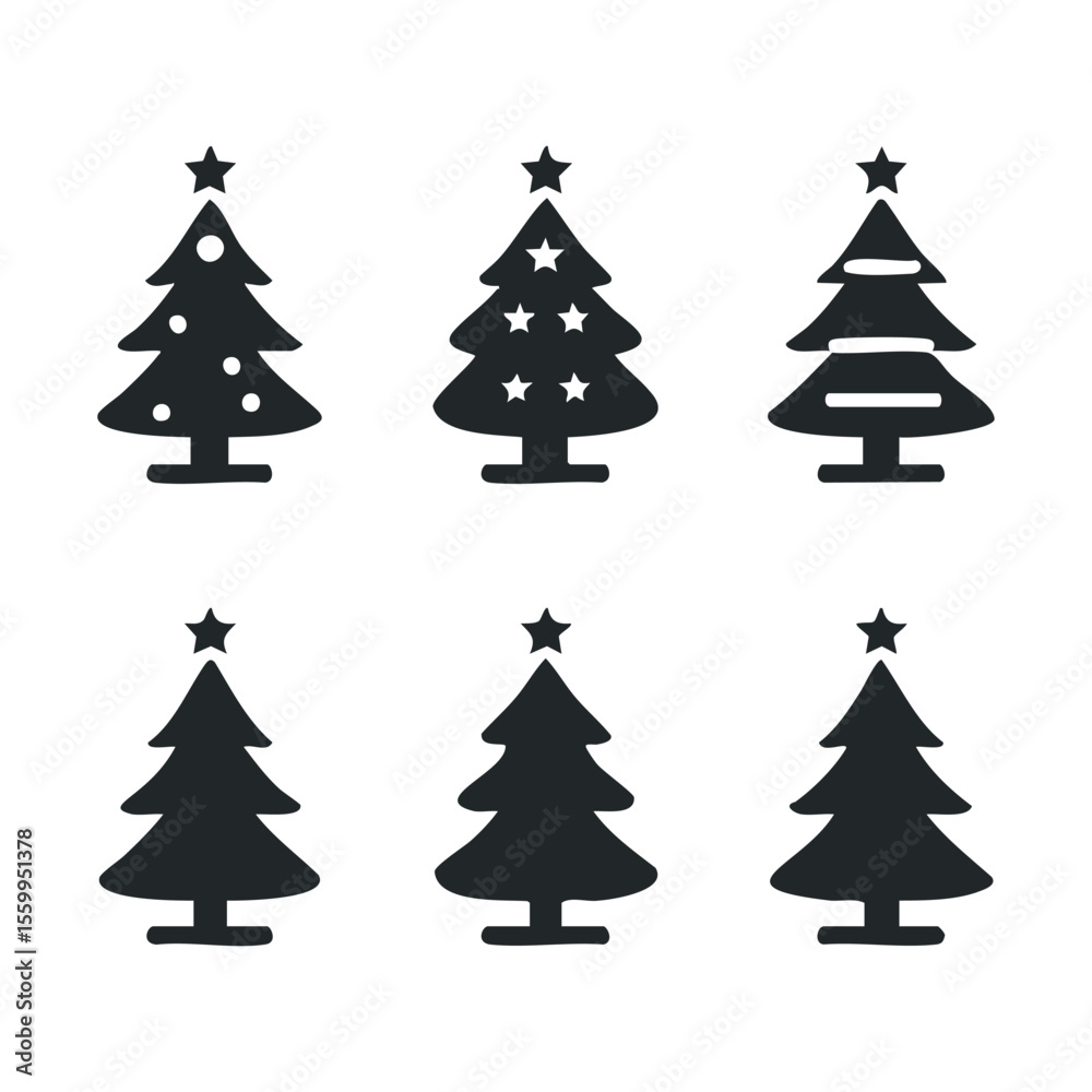 Obraz premium Silhouette variety of christmas trees with stars and ornaments.