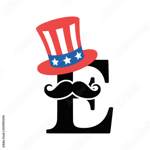 Letter E with Uncle Sam Hat and Mustache Art, Playful letter E illustration featuring a patriotic Uncle Sam hat and mustache, ideal for American-themed events, Independence Day, and festive branding.
