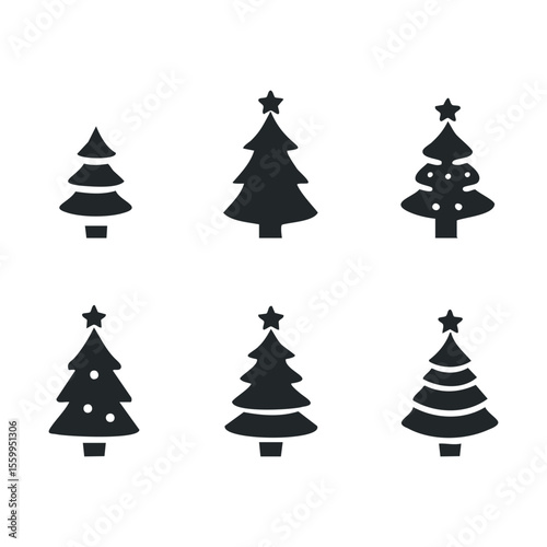 Simple black silhouette christmas trees with stars on top.