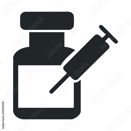 Medicine bottle and syringe icon representing vaccination or medical injection concept.
