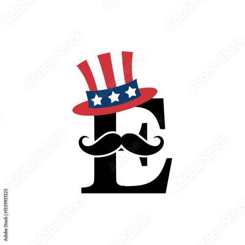 Letter E with Uncle Sam Hat and Mustache Art, Playful letter E illustration featuring a patriotic Uncle Sam hat and mustache, ideal for American-themed events, Independence Day, and festive branding.
