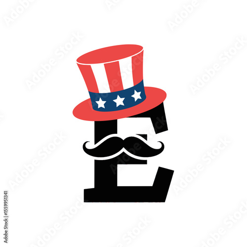 Letter E with Uncle Sam Hat and Mustache Art, Playful letter E illustration featuring a patriotic Uncle Sam hat and mustache, ideal for American-themed events, Independence Day, and festive branding.
