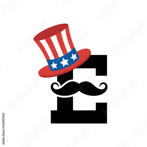 Letter E with Uncle Sam Hat and Mustache Art, Playful letter E illustration featuring a patriotic Uncle Sam hat and mustache, ideal for American-themed events, Independence Day, and festive branding.
