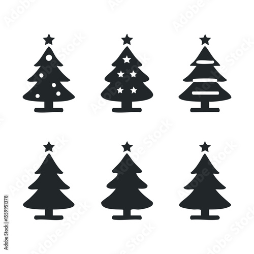 Silhouette variety of christmas trees with stars and ornaments.