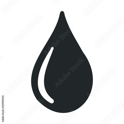 Minimalist black water drop icon on white background.