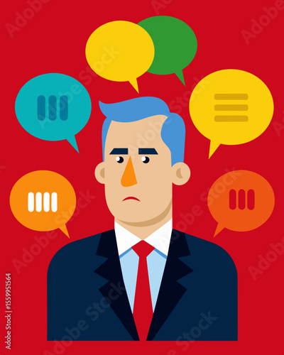 A political figure surrounded by speech bubbles filled with divisive and hateful rhetoric.. Vector illustration