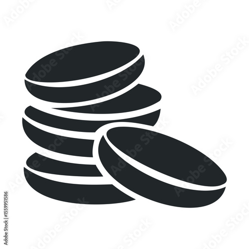 Stack of black circular objects with stripes on white background.
