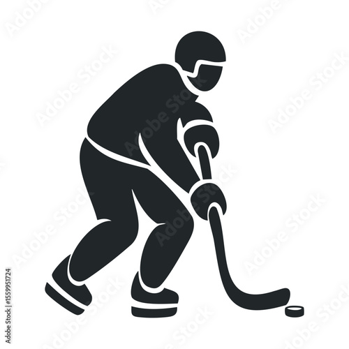 Silhouette of a male hockey player with stick and puck on ice.