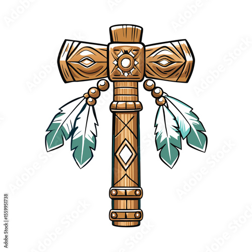 Wooden carved cross with feathers symbolizing Indigenous people's day  