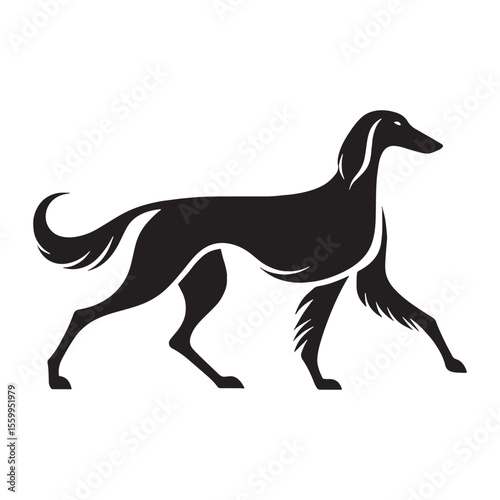 A striking and graceful Saluki dog artwork, capturing the breed's distinctive and fluid lines for visual appeal - Saluki silhouette - Saluki Vector - Silhouette of Saluki - dog silhouette

