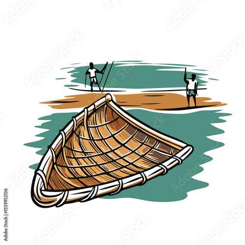 Indigenous fishermen using traditional nets on river at sunset  
