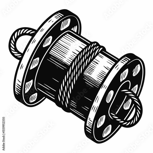 Rope reel with cord wrapped around in black and white style  