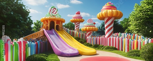 Candyland playground with jellybean slides lollipop fences and cake-shaped towers bright whimsical fantasy