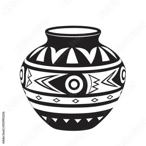 Traditional pottery vase with tribal patterns in black and white  