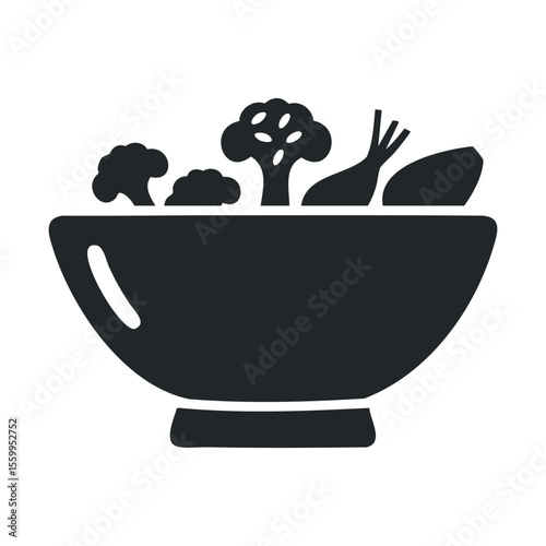 Silhouette of vegetable bowl with broccoli and carrot on white background.