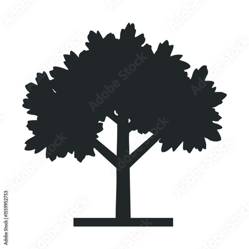 Black silhouette of a tree on white background with dense foliage.