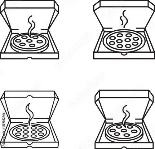 Four simple line art icons of hot pizza slices in open boxes