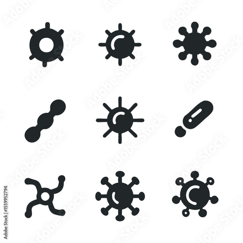 Set of nine black virus and bacteria icons on white background.