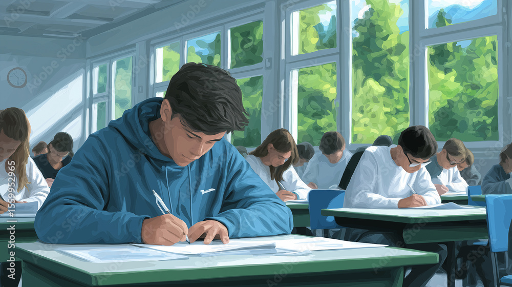 Realistic Exam Hall Scene with Students Writing Thoughtfully in Daylight-Lit University Classroom Environment, student concentration, standardized testing, academic pressure, education system, unive
Realistic Exam Hall Scene with Students Writing Thoughtfully in Daylight-Lit University Classroom Environment, student concentration, standardized testing, academic pressure, education system, unive