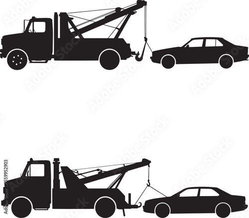 Silhouette of a tow truck pulling a car on a white background