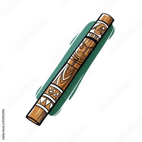 Wooden flute with tribal patterns on green background for Indigenous peoples day  
