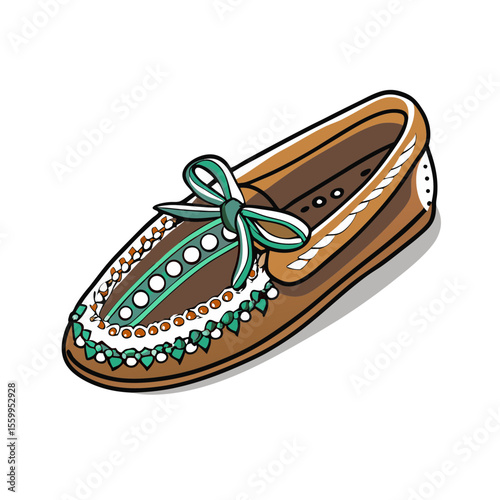 Traditional handmade moccasin with decorative beads and bow  