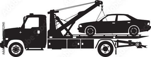 Black silhouette of a tow truck lifting a car onto its flatbed