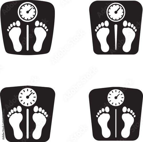 Four black and white icons of bathroom scales with footprints and dial