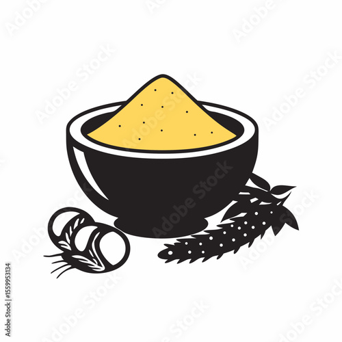 Bowl of yellow mustard powder with spices on white background  