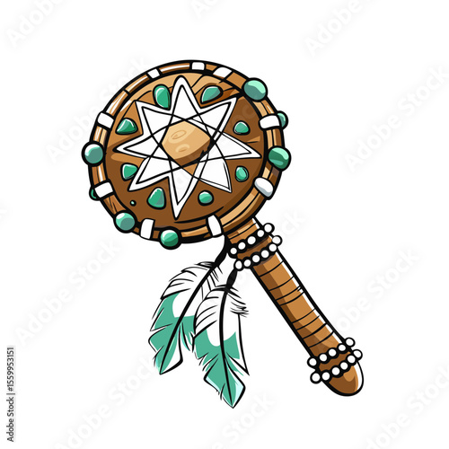 Indigenous ceremonial rattle with feathers and colorful patterns  