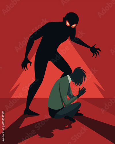 A cruel and intimidating shadow looming above a victim as they try to escape its reach.. Vector illustration