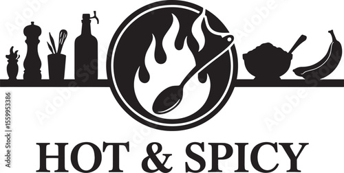 Hot and spicy food logo with kitchen utensils and ingredients