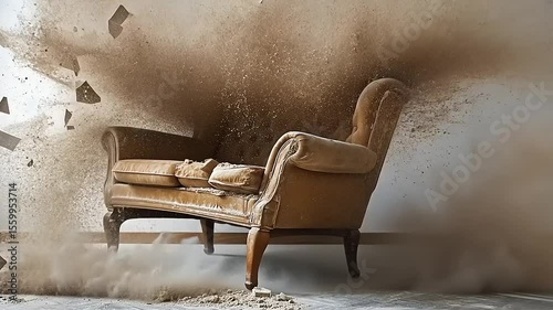 An old sofa explosively disintegrating in a dusty room, surrounded by debris and chaos