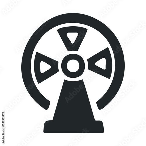 Black and white icon of a desk fan with circular blades and base.