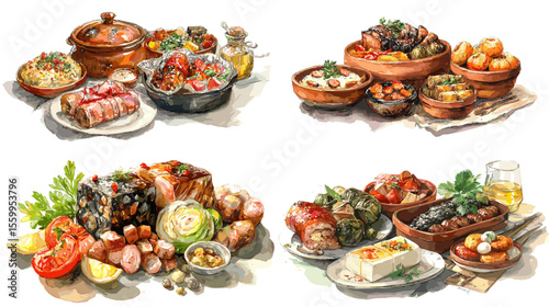 Traditional Balkan and Eastern European dishes illustration, featuring stews, stuffed vegetables, sausage, and flatbread in colorful hand-drawn style.

