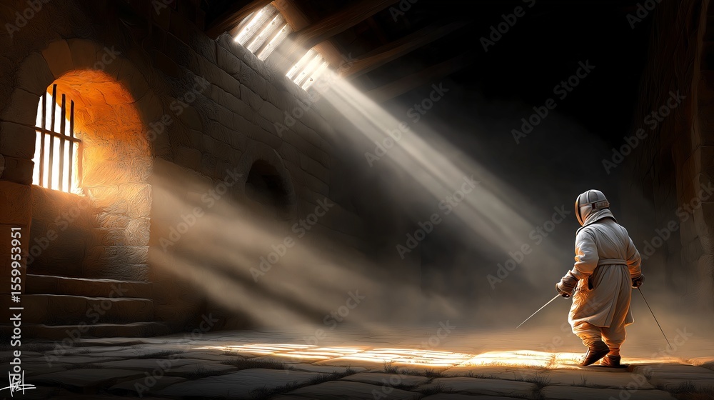 Fototapeta premium Illuminated Knight: A solitary knight, illuminated by a beam of sunlight, stands poised with his sword in a shadowed chamber. The scene evokes a sense of introspection and anticipation.