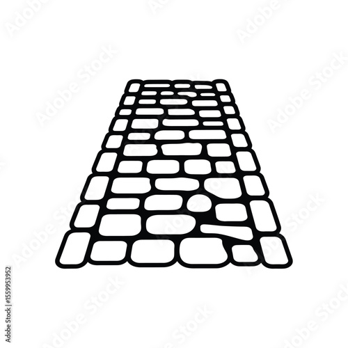 Black and white illustration of a cobblestone path receding into the distance