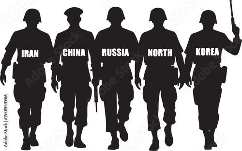 Rising Powers: Silhouettes of Soldiers from Iran, China, Russia, Korea